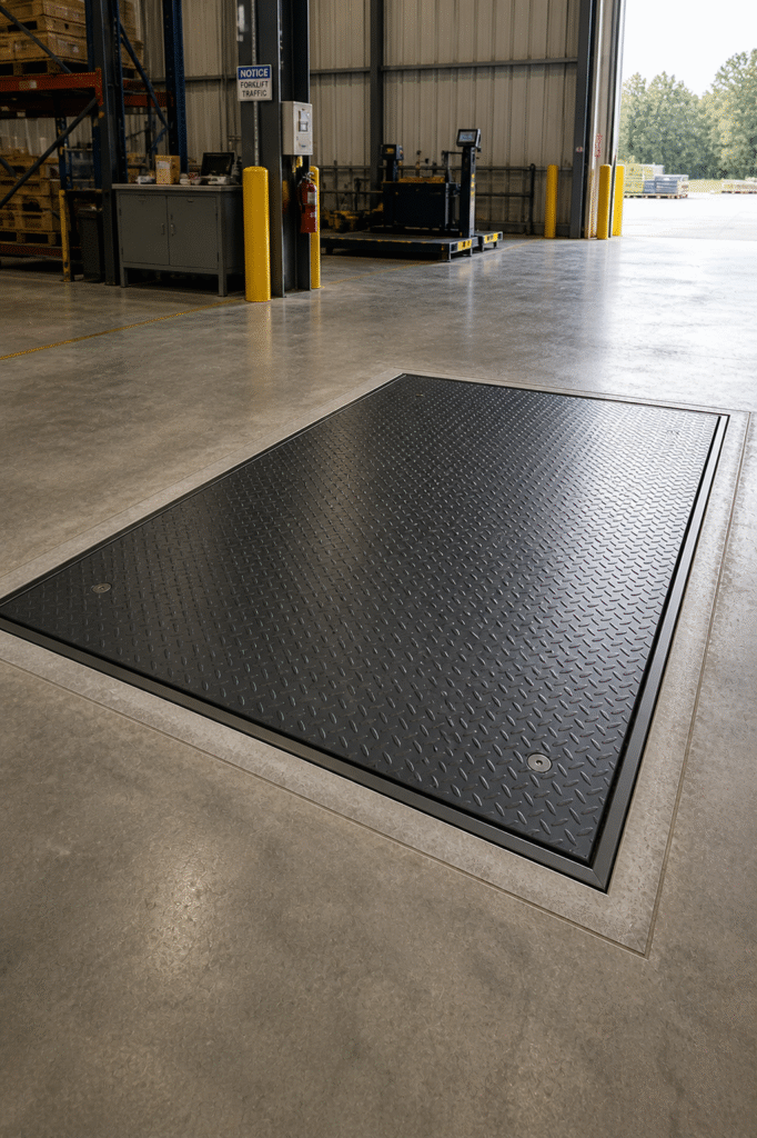 A industrial floor scale mounted inside of a pit flush with the floor